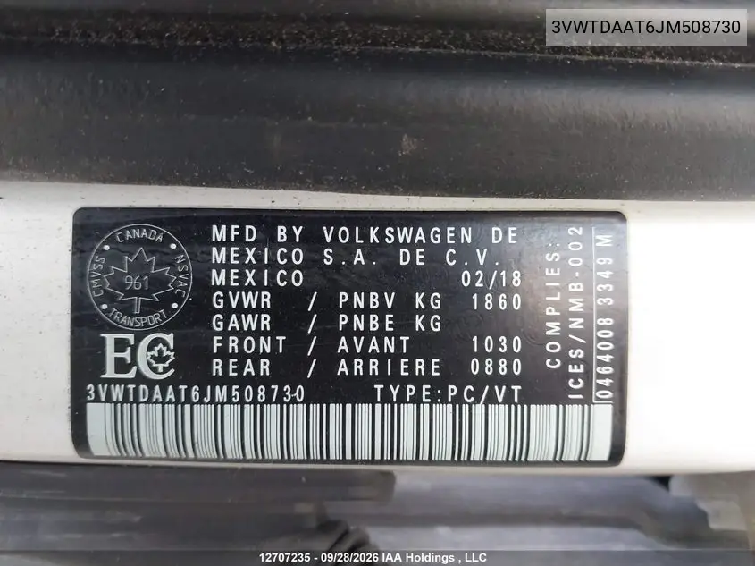2018 VOLKSWAGEN BEETLE VIN 3VWTDAAT6JM508730 — фото 9