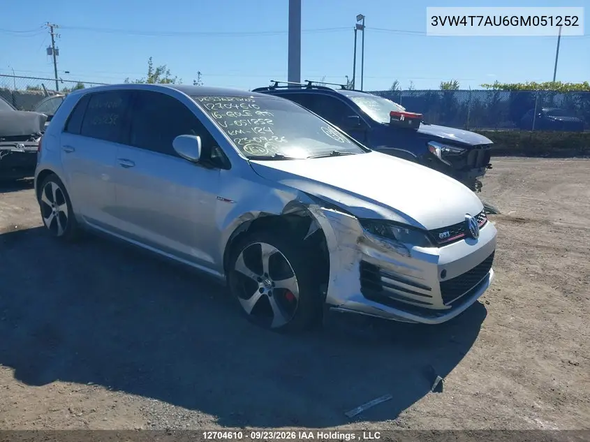 VOLKSWAGEN GOLF GTI 2016, VIN 3VW4T7AU6GM051252