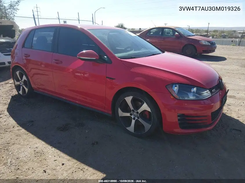 VOLKSWAGEN GOLF GTI 2016, VIN 3VW4T7AU3GM019326