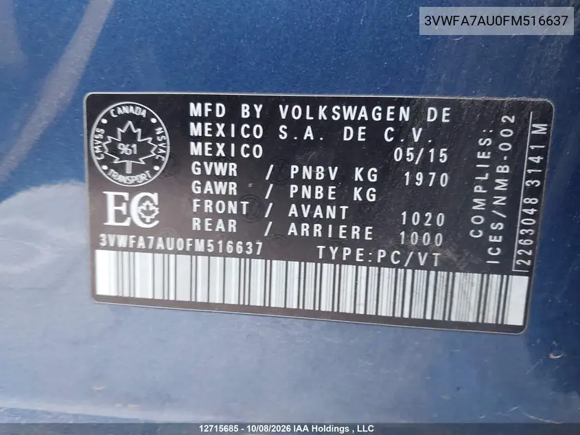 2015 VOLKSWAGEN GOLF SPORTSVAN VIN 3VWFA7AU0FM516637 — фото 18