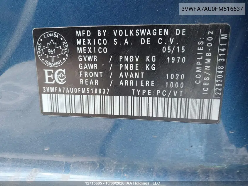 2015 VOLKSWAGEN GOLF SPORTSVAN VIN 3VWFA7AU0FM516637 — фото 9