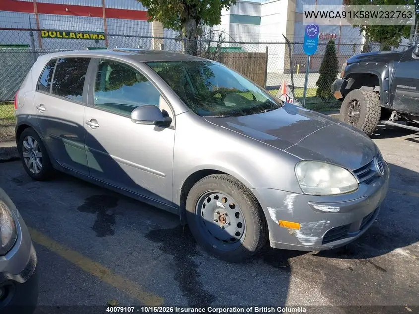 VOLKSWAGEN GOLF 2008, VIN WVWCA91K58W232763