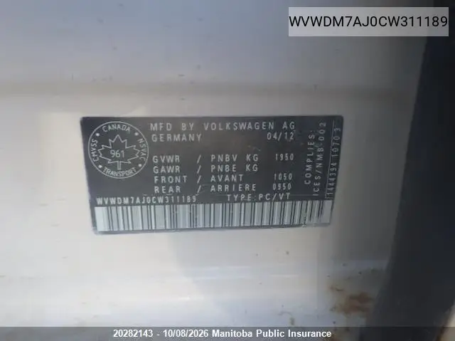 2012 VOLKSWAGEN GOLF VIN WVWDM7AJ0CW311189 — фото 9