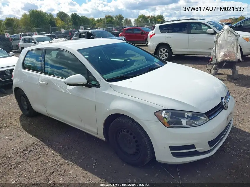 VOLKSWAGEN GOLF 2015, VIN 3VW817AU7FM021537