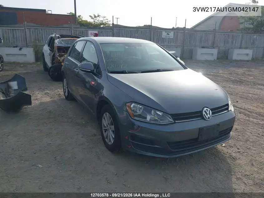 VOLKSWAGEN GOLF 2016, VIN 3VW217AU1GM042147