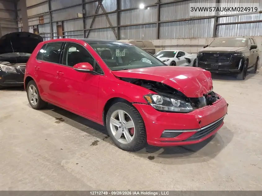 VOLKSWAGEN GOLF 2019, VIN 3VWW57AU6KM024919