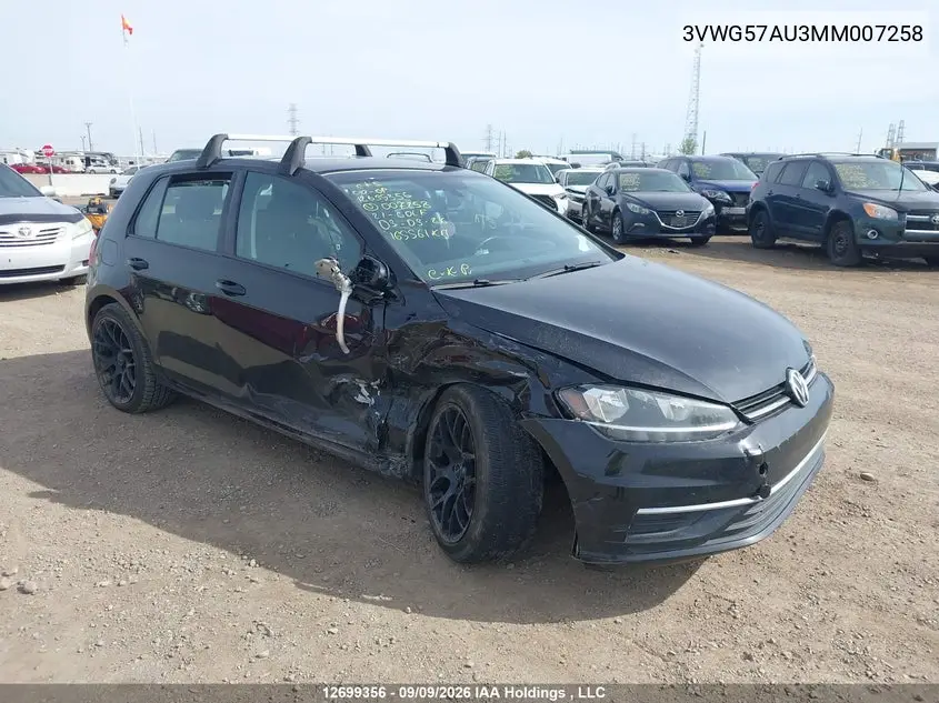 VOLKSWAGEN GOLF 2021, VIN 3VWG57AU3MM007258