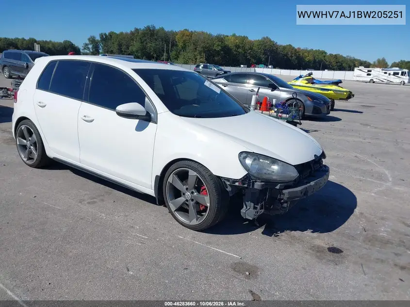 VOLKSWAGEN GTI 2011, VIN WVWHV7AJ1BW205251