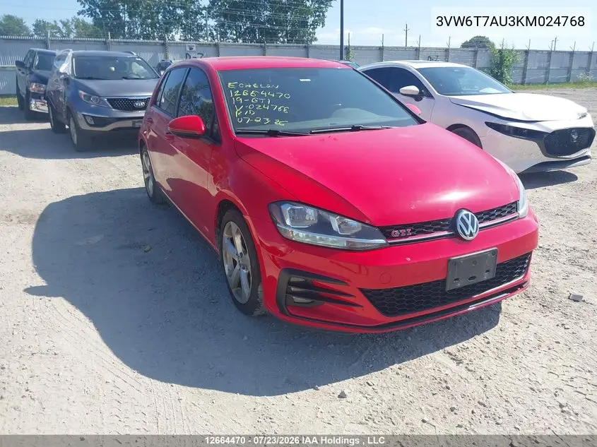 VOLKSWAGEN GTI 2019, VIN 3VW6T7AU3KM024768