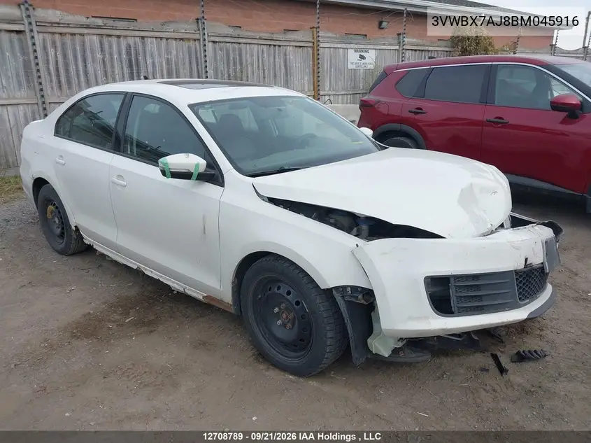 VOLKSWAGEN JETTA 2011, VIN 3VWBX7AJ8BM045916