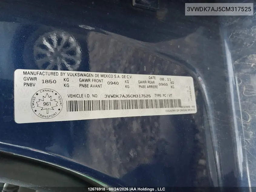 2012 VOLKSWAGEN JETTA VIN 3VWDK7AJ5CM317525 — фото 9