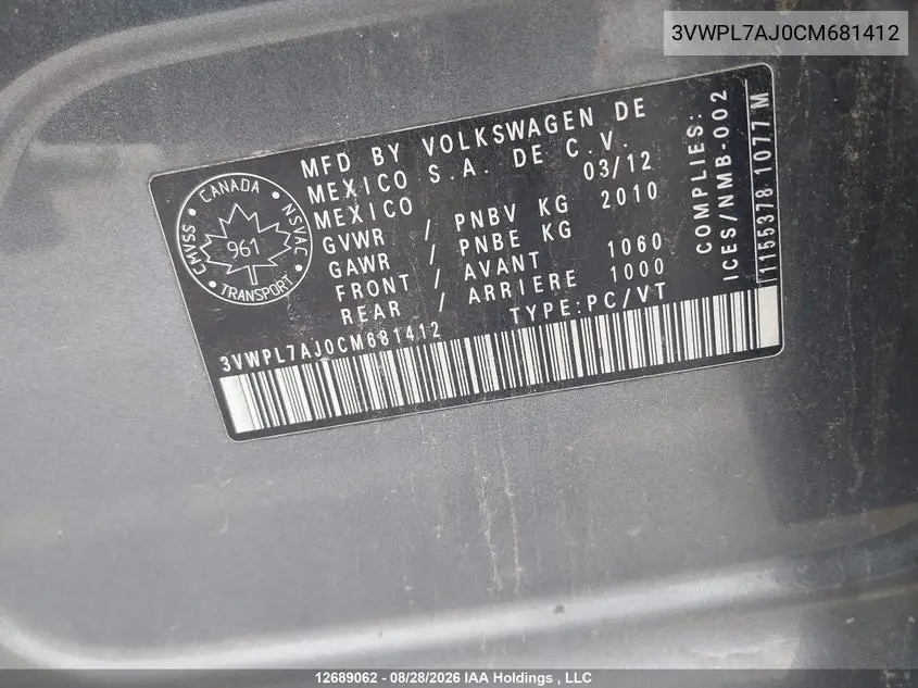 2012 VOLKSWAGEN JETTA VIN 3VWPL7AJ0CM681412 — фото 9