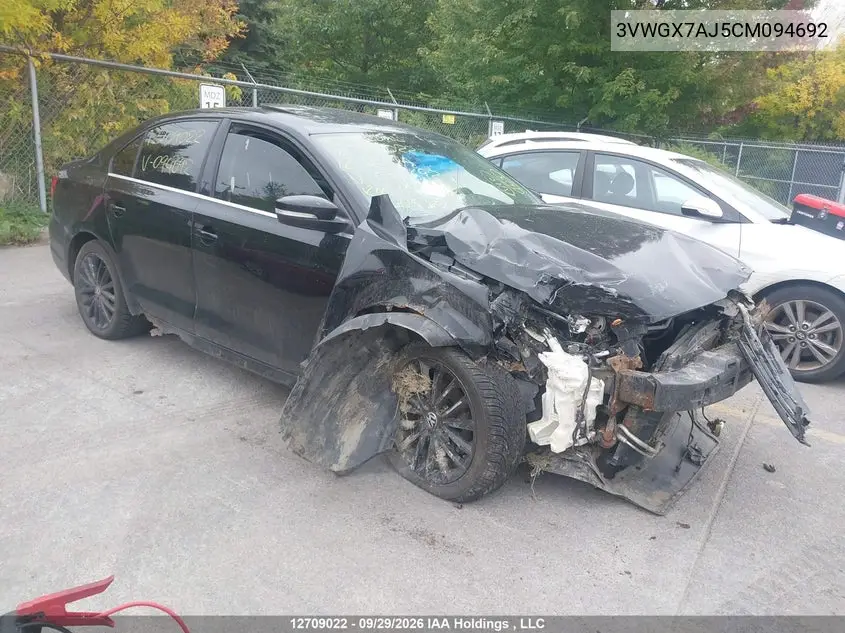 VOLKSWAGEN JETTA 2012, VIN 3VWGX7AJ5CM094692