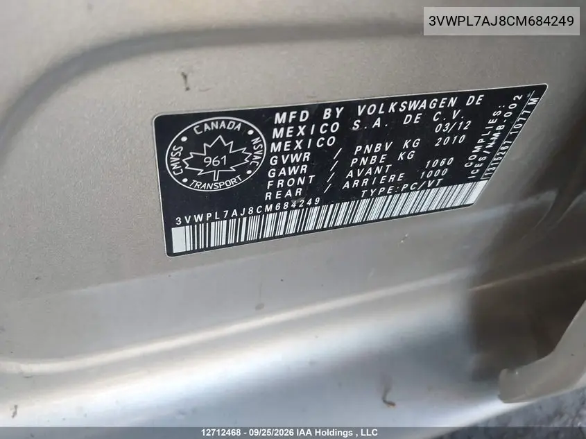 2012 VOLKSWAGEN JETTA VIN 3VWPL7AJ8CM684249 — фото 9