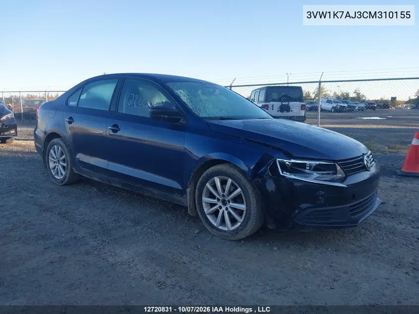 VOLKSWAGEN JETTA 2012, VIN 3VW1K7AJ3CM310155