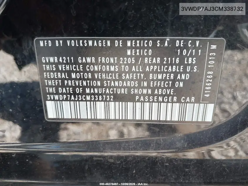 2012 VOLKSWAGEN JETTA VIN 3VWDP7AJ3CM338732 — фото 9
