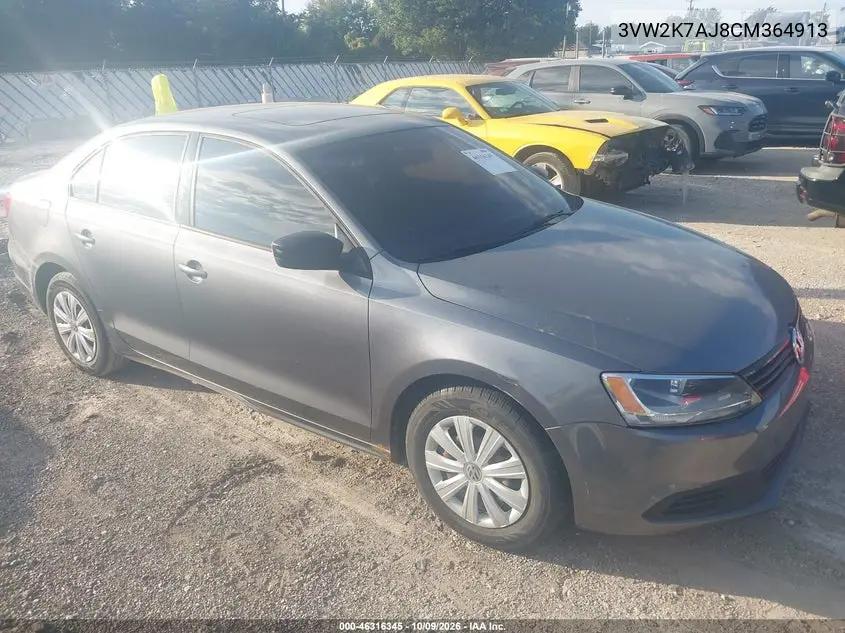 VOLKSWAGEN JETTA 2012, VIN 3VW2K7AJ8CM364913