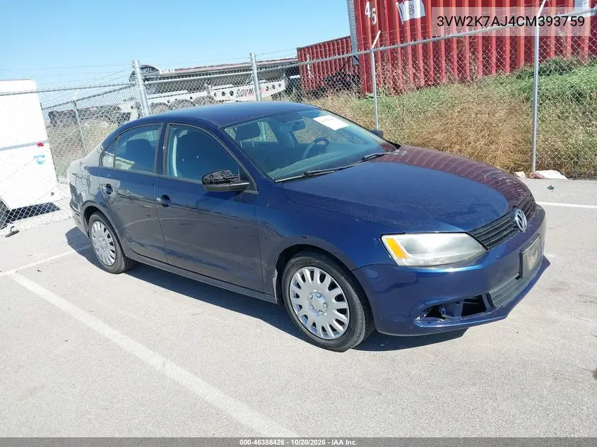 VOLKSWAGEN JETTA 2012, VIN 3VW2K7AJ4CM393759