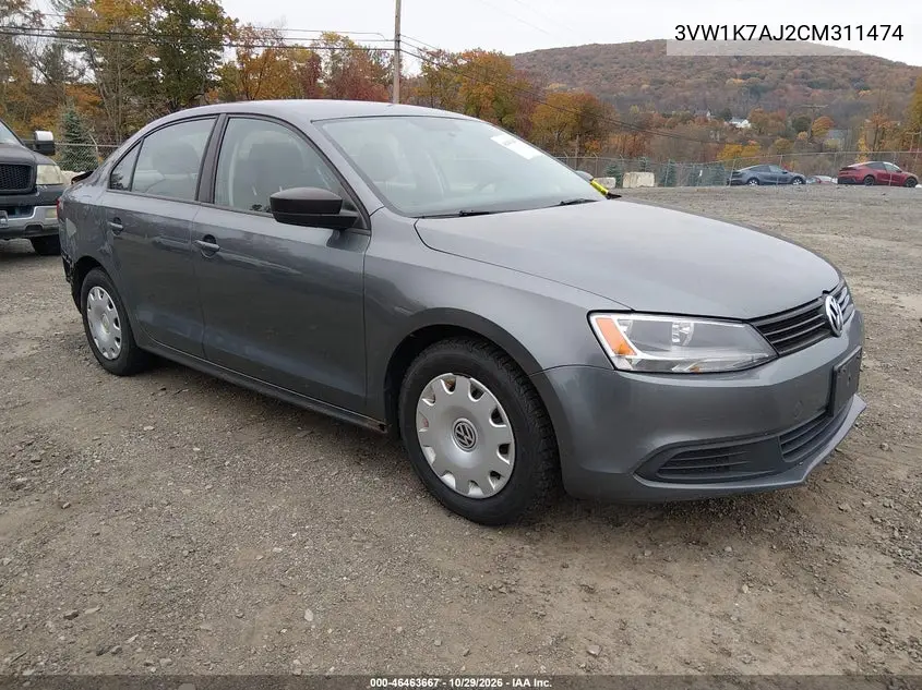 VOLKSWAGEN JETTA 2012, VIN 3VW1K7AJ2CM311474