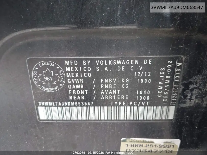 2013 VOLKSWAGEN JETTA VIN 3VWML7AJ9DM653547 — фото 9