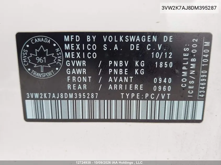 2013 VOLKSWAGEN JETTA VIN 3VW2K7AJ8DM395287 — фото 9