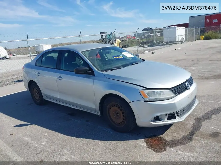 VOLKSWAGEN JETTA 2013, VIN 3VW2K7AJ3DM378476