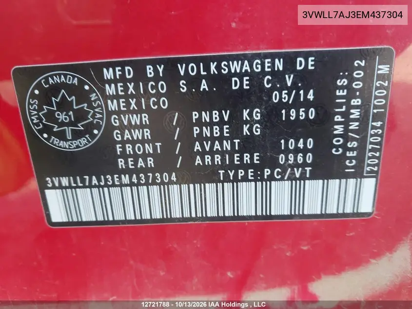 2014 VOLKSWAGEN JETTA VIN 3VWLL7AJ3EM437304 — фото 9