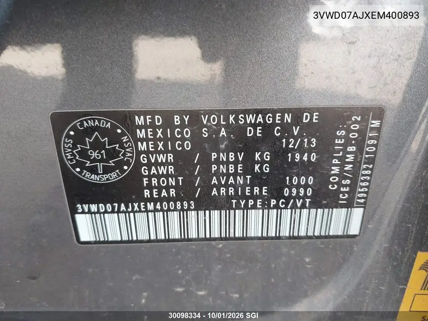 2014 VOLKSWAGEN JETTA VIN 3VWD07AJXEM400893 — фото 9