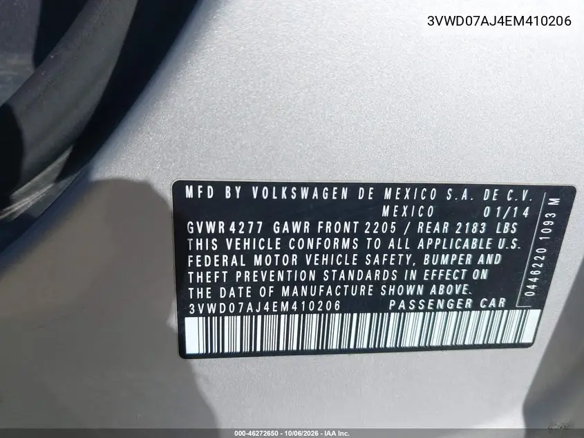 2014 VOLKSWAGEN JETTA VIN 3VWD07AJ4EM410206 — фото 9