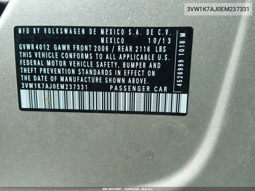 2014 VOLKSWAGEN JETTA VIN 3VW1K7AJ0EM237331 — фото 9