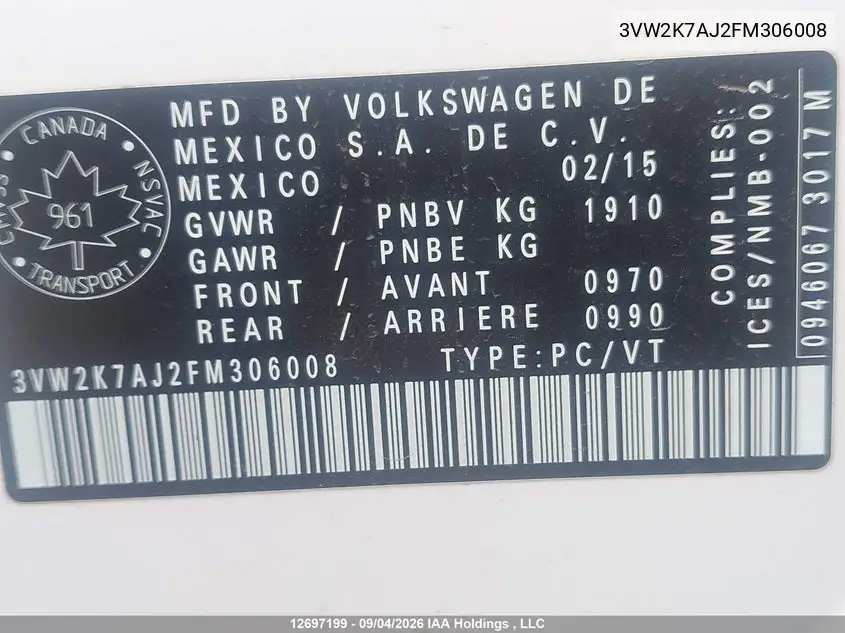 2015 VOLKSWAGEN JETTA VIN 3VW2K7AJ2FM306008 — фото 17