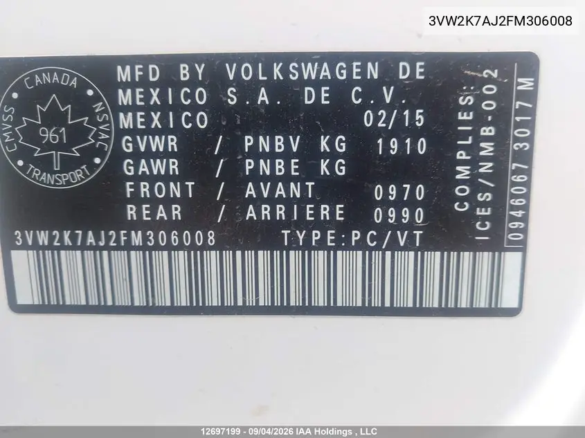 2015 VOLKSWAGEN JETTA VIN 3VW2K7AJ2FM306008 — фото 9