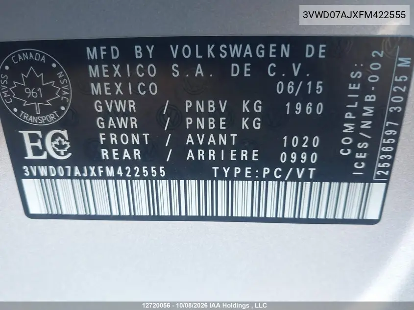 2015 VOLKSWAGEN JETTA VIN 3VWD07AJXFM422555 — фото 9