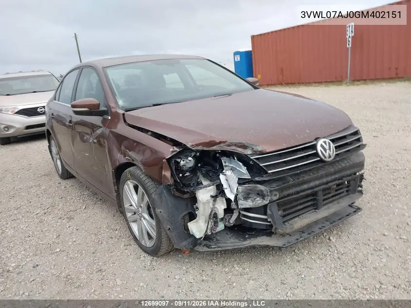 VOLKSWAGEN JETTA 2016, VIN 3VWL07AJ0GM402151