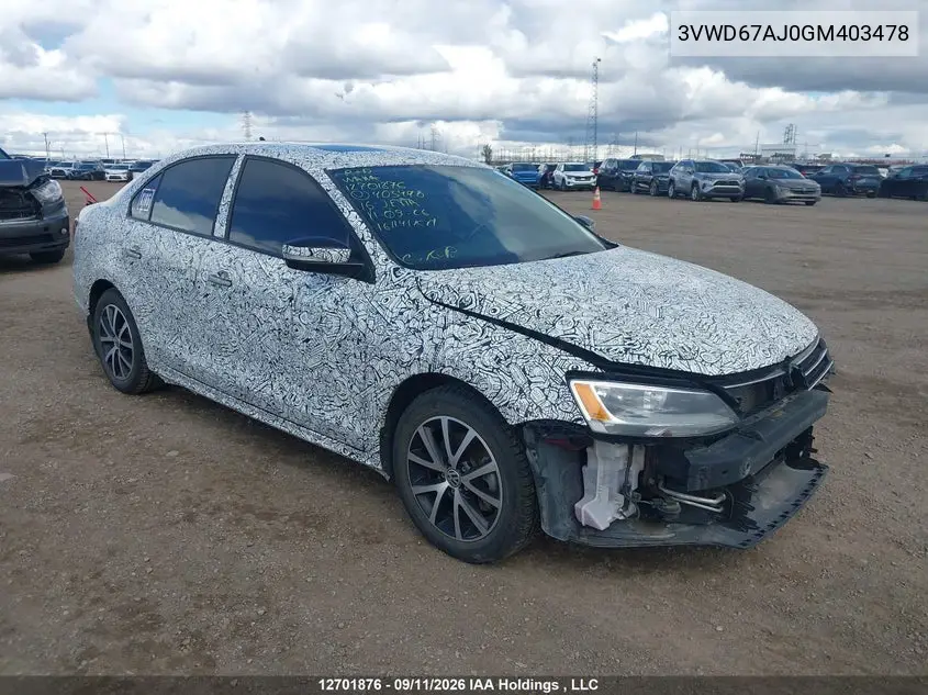 VOLKSWAGEN JETTA 2016, VIN 3VWD67AJ0GM403478