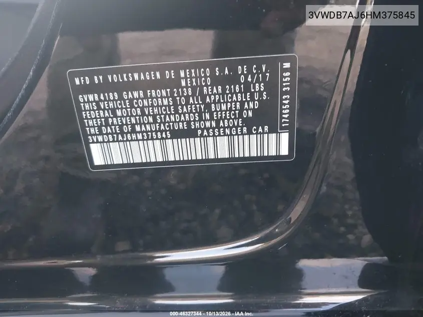 2017 VOLKSWAGEN JETTA VIN 3VWDB7AJ6HM375845 — фото 9