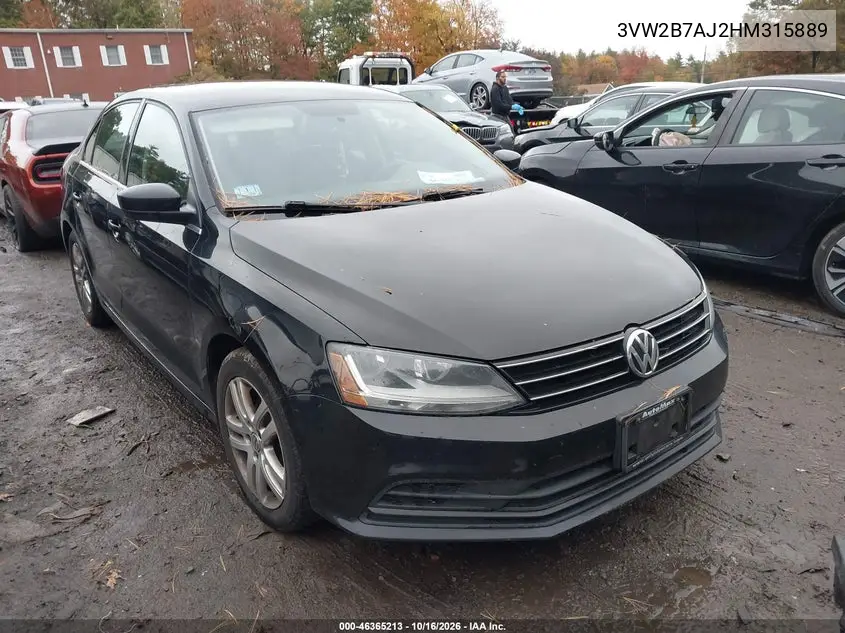 VOLKSWAGEN JETTA 2017, VIN 3VW2B7AJ2HM315889