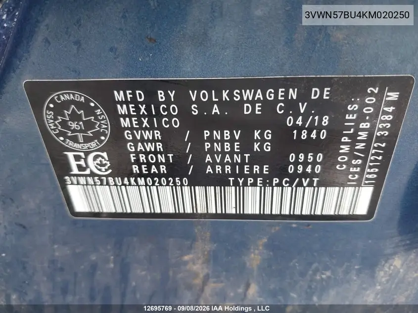 2019 VOLKSWAGEN JETTA VIN 3VWN57BU4KM020250 — фото 9