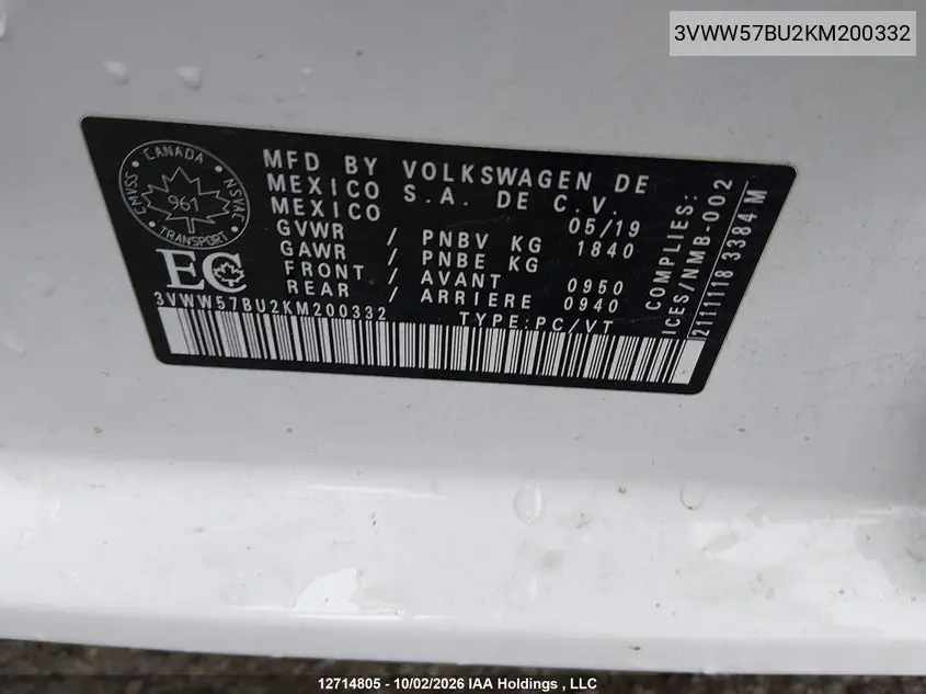 2019 VOLKSWAGEN JETTA VIN 3VWW57BU2KM200332 — фото 17