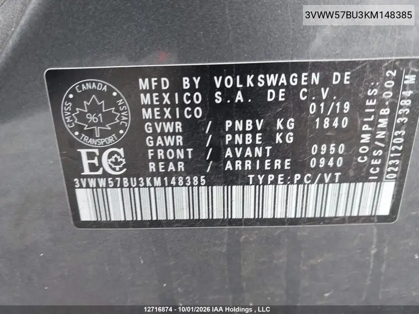 2019 VOLKSWAGEN JETTA VIN 3VWW57BU3KM148385 — фото 9