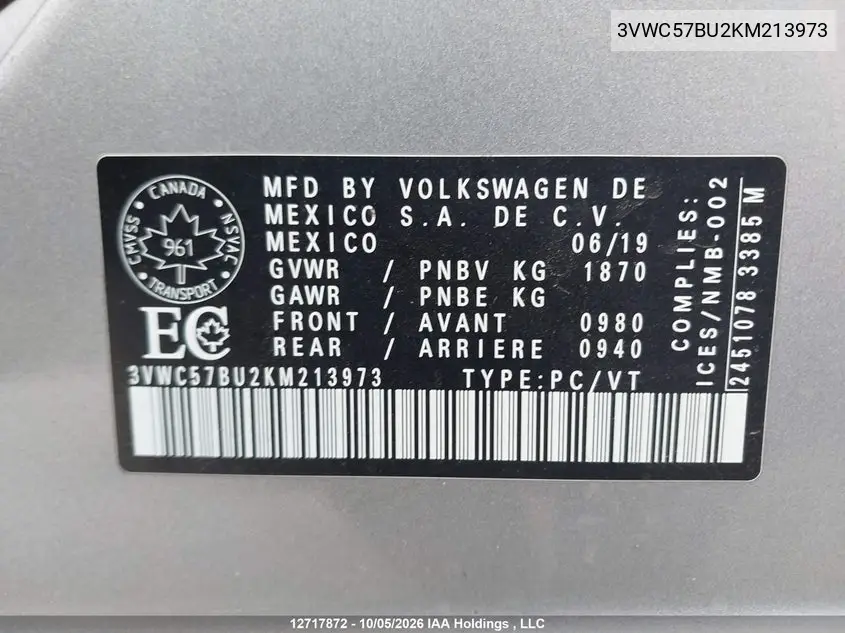 2019 VOLKSWAGEN JETTA VIN 3VWC57BU2KM213973 — фото 9