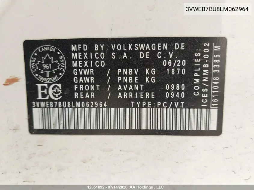 2020 VOLKSWAGEN JETTA VIN 3VWEB7BU8LM062964 — фото 9
