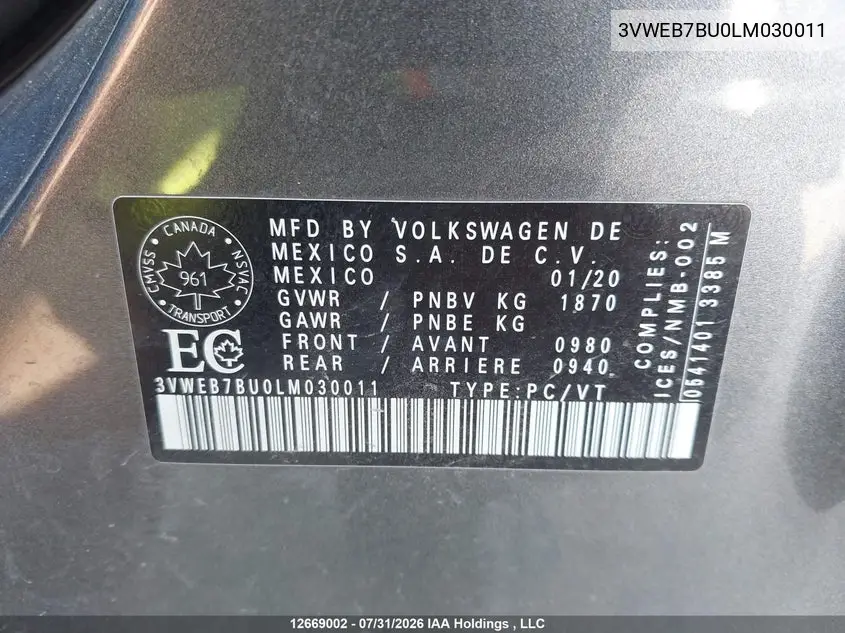 2020 VOLKSWAGEN JETTA VIN 3VWEB7BU0LM030011 — фото 9
