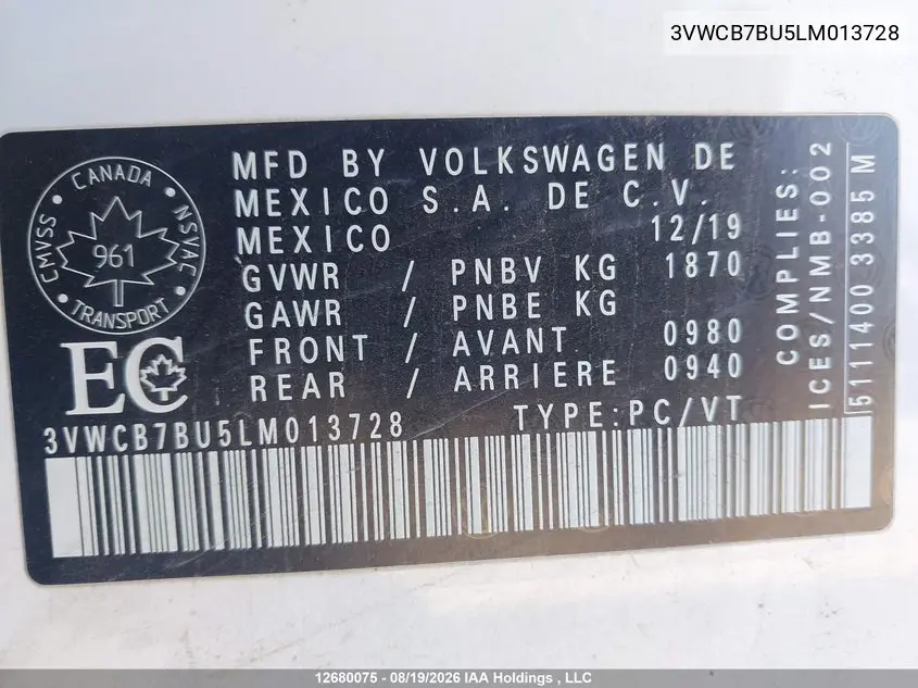 2020 VOLKSWAGEN JETTA VIN 3VWCB7BU5LM013728 — фото 19