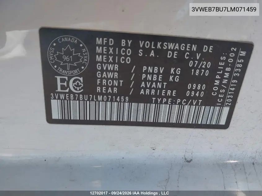 2020 VOLKSWAGEN JETTA VIN 3VWEB7BU7LM071459 — фото 9