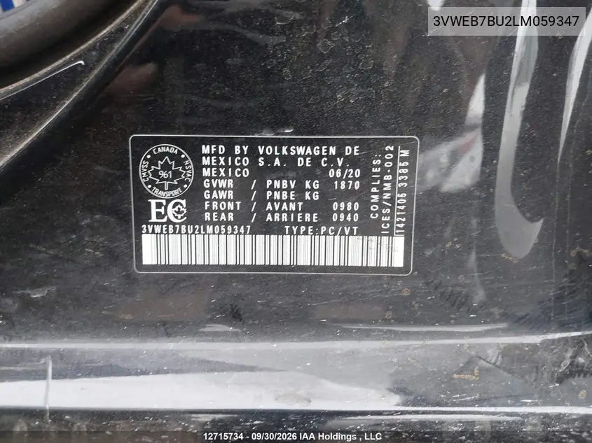 2020 VOLKSWAGEN JETTA VIN 3VWEB7BU2LM059347 — фото 9