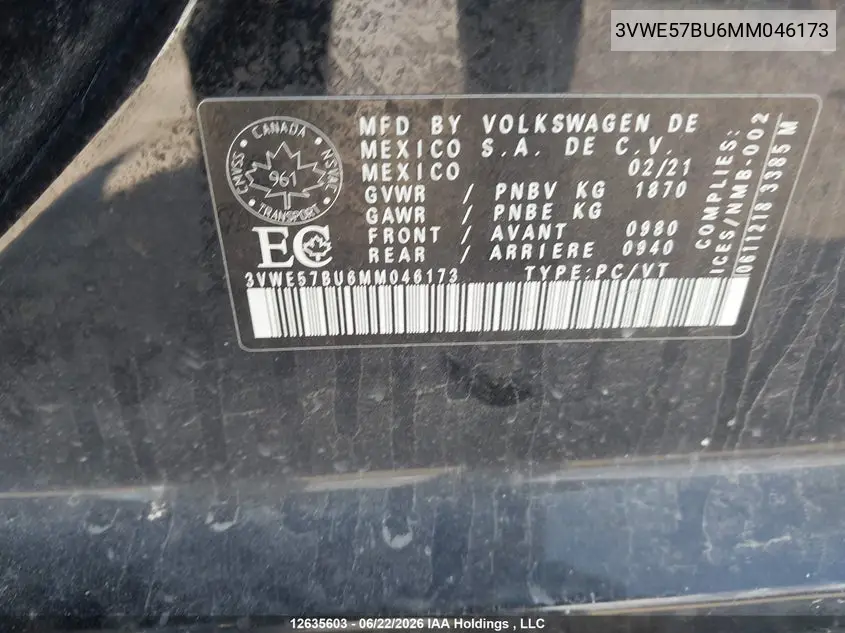 2021 VOLKSWAGEN JETTA VIN 3VWE57BU6MM046173 — фото 17