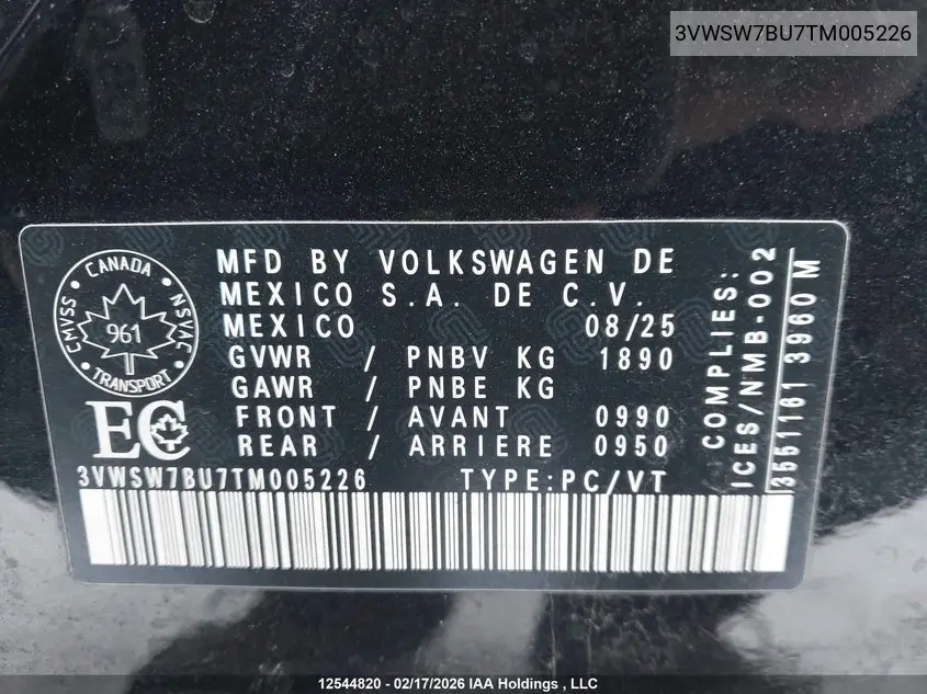 2026 VOLKSWAGEN JETTA VIN 3VWSW7BU7TM005226 — фото 9