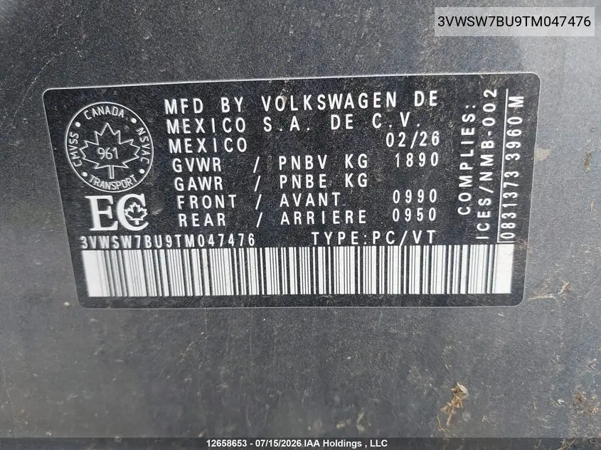 2026 VOLKSWAGEN JETTA VIN 3VWSW7BU9TM047476 — фото 9