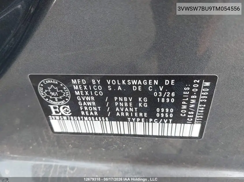 2026 VOLKSWAGEN JETTA VIN 3VWSW7BU9TM054556 — фото 9
